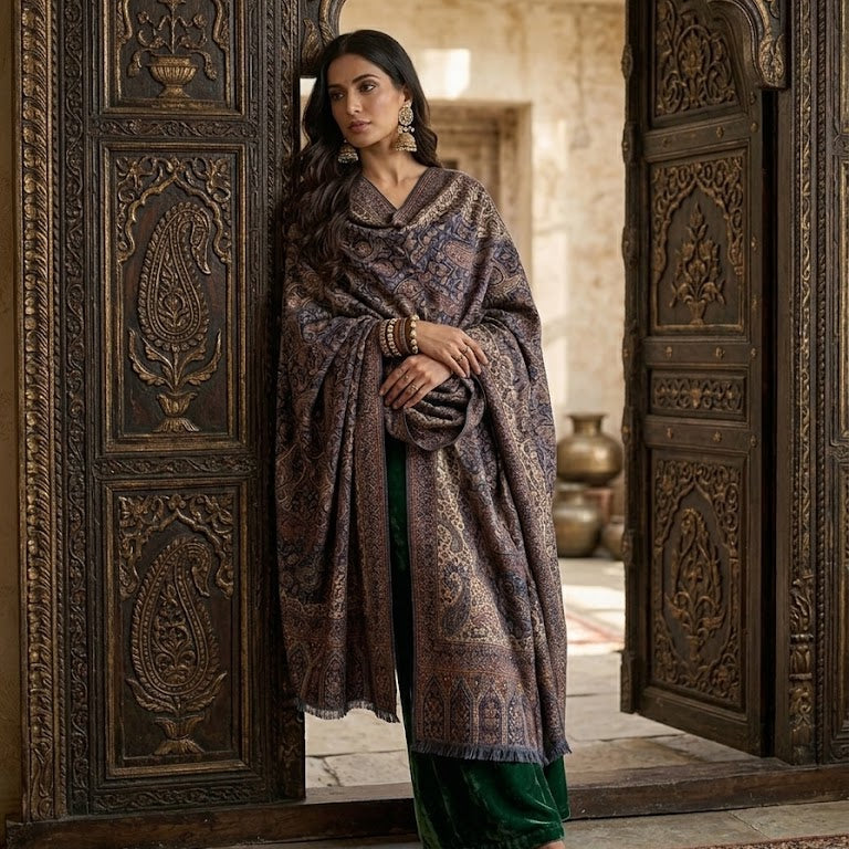 A woman stands in an ornate carved wooden doorway wearing a dark patterned shawl draped over a green skirt. The setting features intricate wood carvings and a traditional patterned rug.
