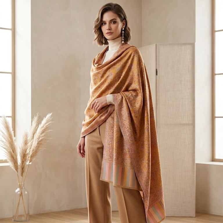 A woman models a luxurious draped shawl in a warm camel-brown and gold tone with subtle striped accents, styled over a white mock neck and tan trousers in a bright, modern room.