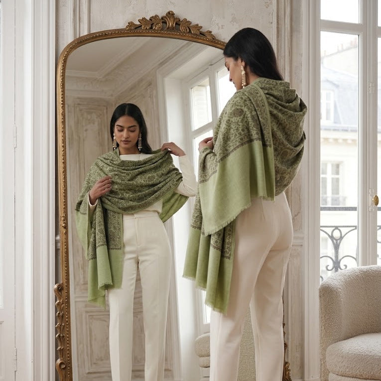 A woman stands in front of a large ornate mirror wearing a sage green patterned shawl draped over her shoulders, paired with white pants and beige heels. The mirror reflects her front view, and the room features a classic interior with a gold-framed mirror, light wood floors, and a cream-colored armchair.