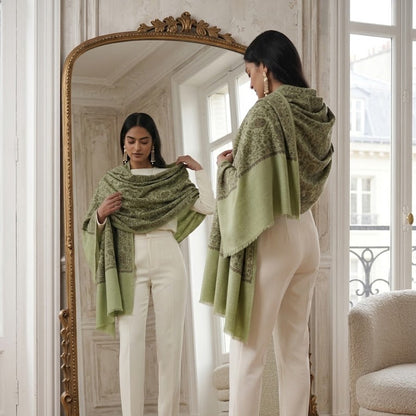A woman stands in front of a large ornate mirror wearing a sage green patterned shawl draped over her shoulders, paired with white pants and beige heels. The mirror reflects her front view, and the room features a classic interior with a gold-framed mirror, light wood floors, and a cream-colored armchair.