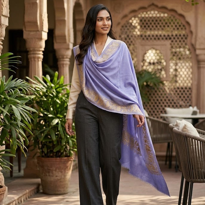 A woman walks through an outdoor courtyard with sandstone arches and plants, wearing a lavender draped shawl with gold border detailing over a cream top and dark gray wide-leg trousers.