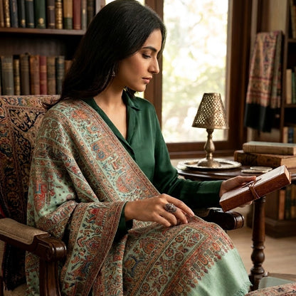 A woman sits in a wooden armchair in a book-filled room, wearing a sage green dress and draped over her shoulders is a large patterned shawl in sage green, rust red, and beige. She holds an open book.
