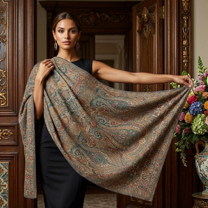 Woman holding a patterned scarf in an elegant interior setting with flowers and decorative elements.