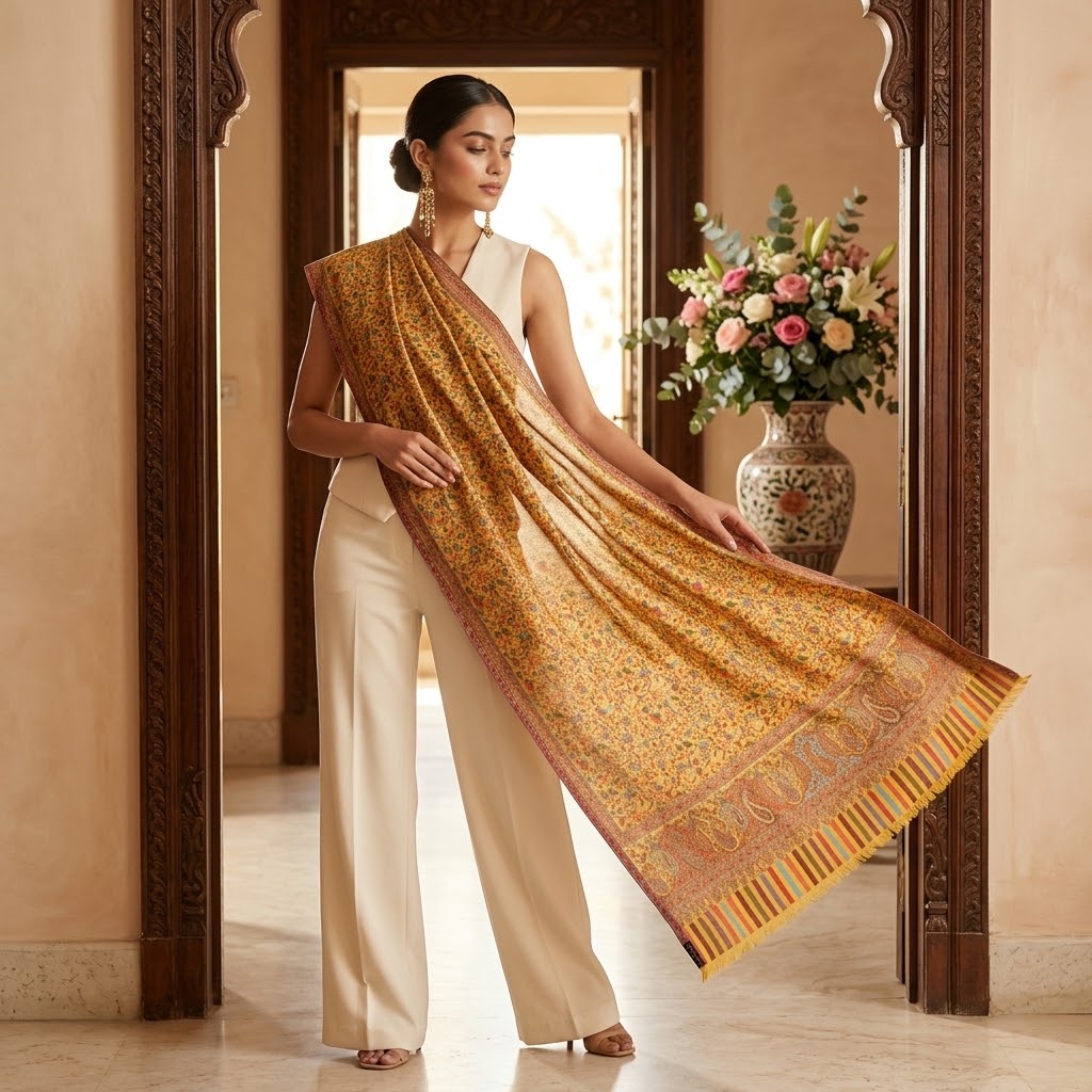 A woman models a golden-yellow patterned shawl draped over her shoulder, paired with cream wide-leg trousers, standing in an elegant indoor setting with a floral arrangement in the background.