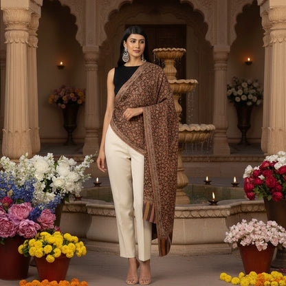 Woman in a traditional outfit standing in an ornate courtyard with flowers and candles.