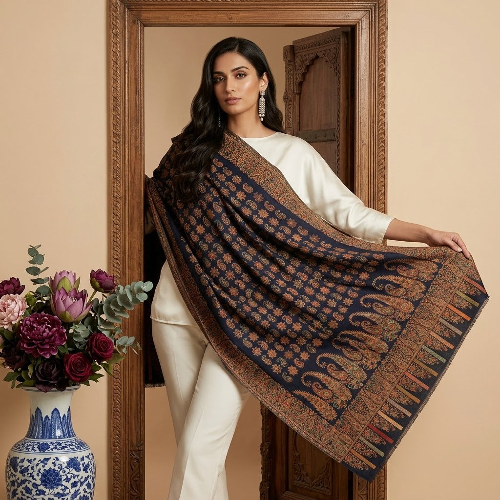 A woman models a large navy blue shawl with intricate gold, brown, and red paisley and floral patterns, draped over her shoulders. She is wearing a white outfit and standing in front of a large wooden door, with a blue and white floral vase on the left.
