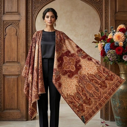 Woman holding a patterned scarf in a decorative setting with flowers and wooden architecture.