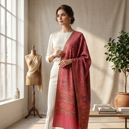 Woman in a white outfit with a pink patterned shawl standing in a bright room with a mannequin and decor items.