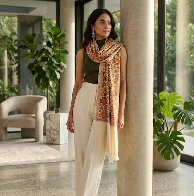A woman stands in a modern indoor space with large windows, columns, and potted plants, wearing a dark olive sleeveless top, cream wide-leg pants, and a patterned beige scarf draped over her shoulders.