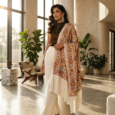 Ivory Nalki Pure Wool Jama Stole - Embroidered Wrap for Weddings & Festive Occasions
