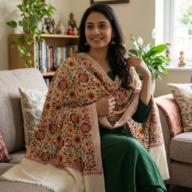A woman sitting on a beige sofa in a living room, wearing a dark green traditional outfit and draped in a large cream shawl with orange and brown floral patterns and a decorative border.