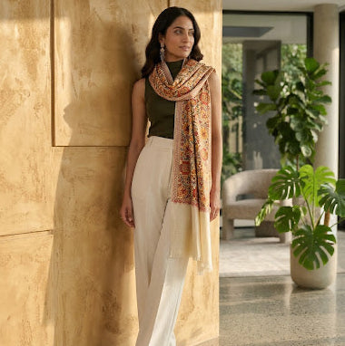 A woman stands indoors against a warm beige stone wall, wearing a dark olive sleeveless top, cream wide-leg trousers, and a draped patterned scarf in rust, beige, and brown tones. The background shows a modern interior with plants and a seating area.