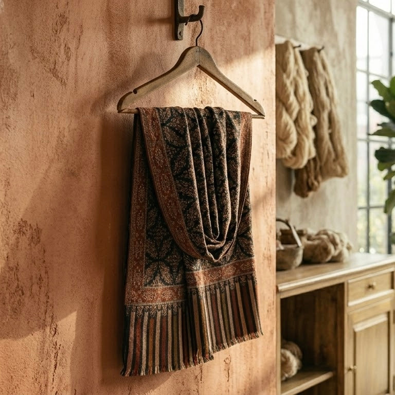 A patterned fringed scarf in earthy brown, beige, and black tones hangs from a wooden hanger on a textured terracotta wall in a rustic interior setting.