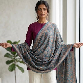 A woman modeling a draped shawl with a blue and gray floral pattern over a magenta top and white pants, standing in a bright indoor setting.