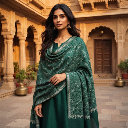 A woman stands in a courtyard wearing a dark green traditional outfit with a matching embroidered shawl. The background features ornate sandstone architecture with arches and balconies.