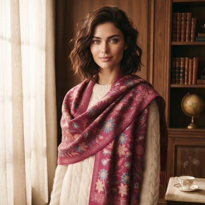 A woman wearing a cream cable-knit sweater and white pants, draped in a rich magenta and pink shawl with floral patterns, standing in a warm, vintage-styled room with bookshelves.