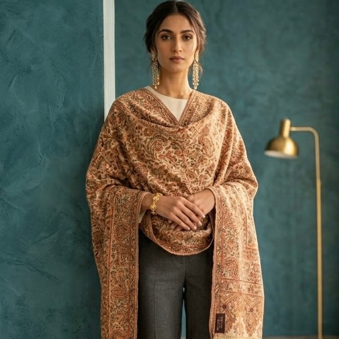 Beige Kani Wool Shawl - Scattered Floral Design for Everyday Wear