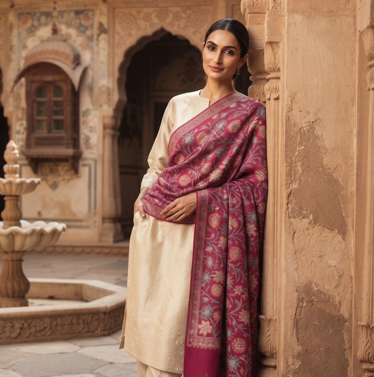 A woman models a traditional Indian outfit consisting of a cream kurta and trousers with a deep magenta dupatta featuring intricate floral patterns, set against a historic stone courtyard background.