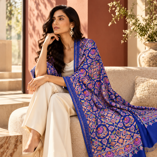 A woman sits on a beige sofa in a sunlit indoor setting, wearing a cream outfit and draped in a rich royal blue shawl with intricate pink, purple, and gold floral patterns.