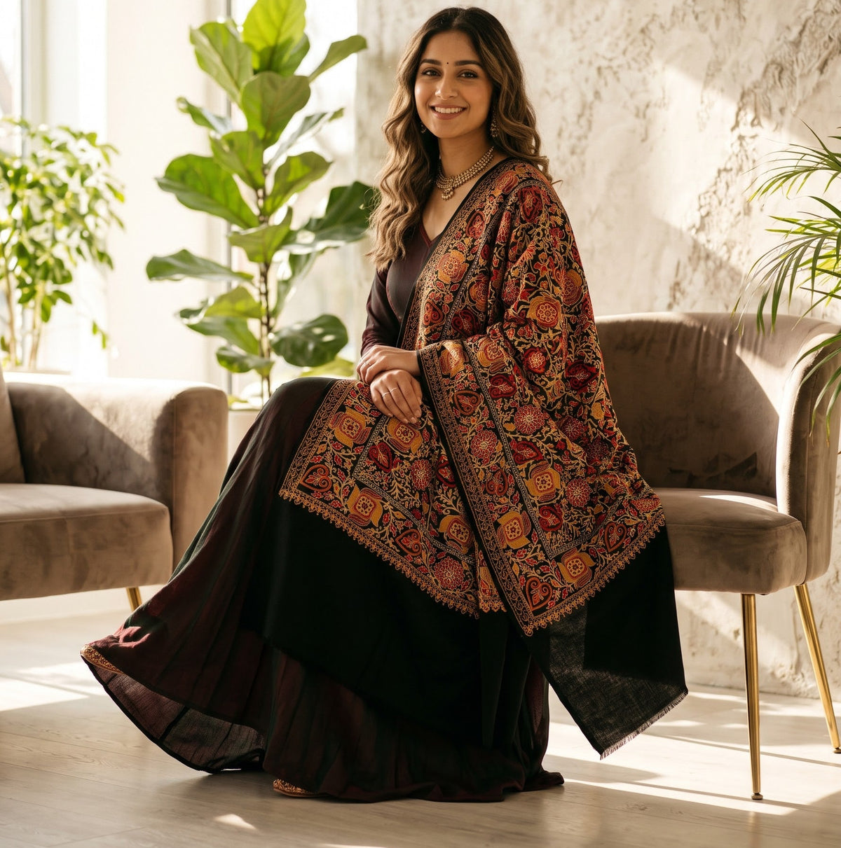 A woman sits on a plush armchair in a bright, modern room, wearing a black skirt and a dark brown shawl with intricate red, orange, and gold floral patterns.