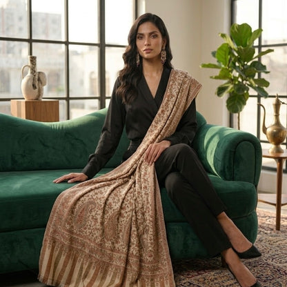 Cream Kani Wool Shawl - All-Over Floral Design for Everyday Wear