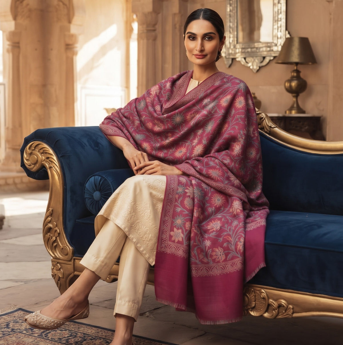 Pink Nalki Wool Blend Stole - Embroidered Wrap for Everyday Wear