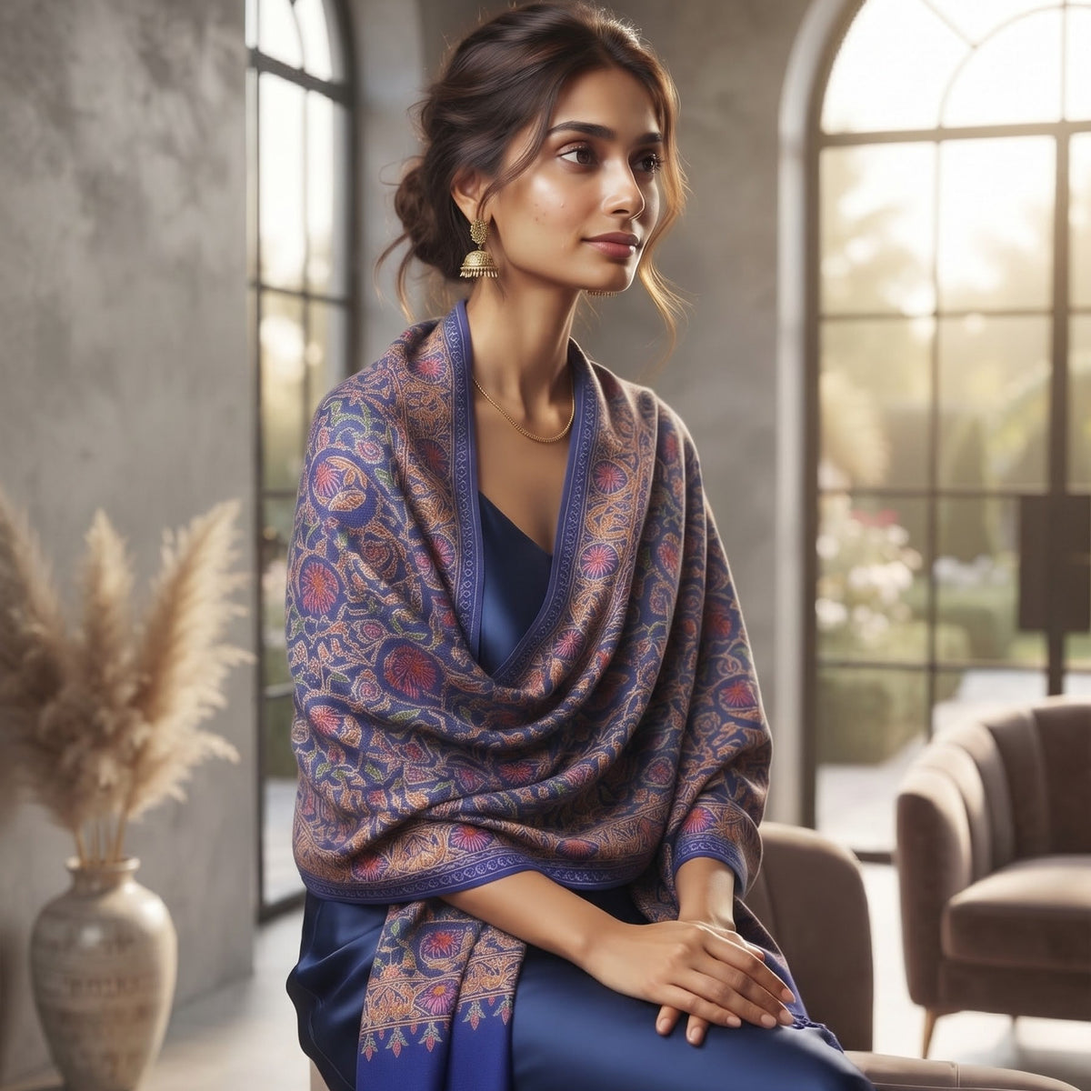A woman seated indoors wearing a richly patterned paisley shawl in purple, blue, and red tones over a dark blue dress. The setting features warm, rustic stone walls, arched windows, and a cozy armchair.