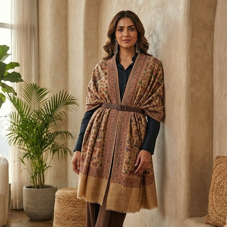 A woman models a beige and brown patterned shawl wrap with a matching belt over a dark navy shirt, standing in a warm, neutral-toned room with a potted plant.
