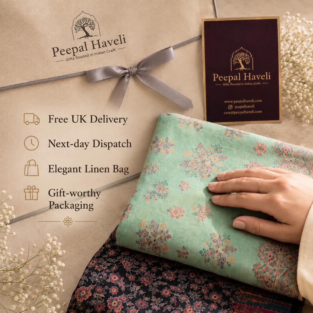 A folded mint green floral linen shawl with a hand resting on it, displayed alongside branded Peepal Haveli packaging, a business card, and decorative dried flowers on a beige surface.