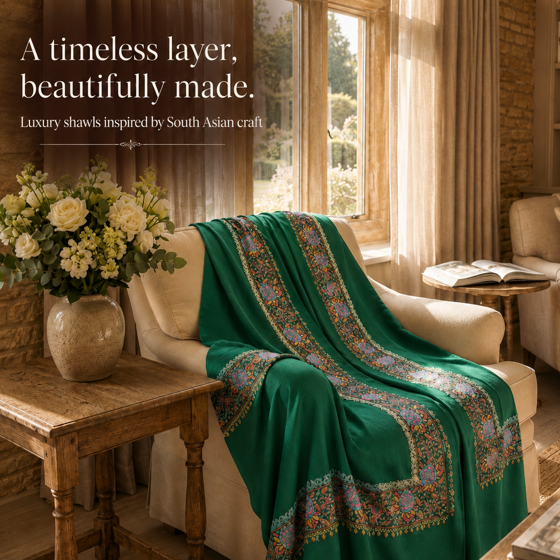 A rich emerald green shawl with intricate multicolor floral borders is draped over a cream-colored armchair in a warm, rustic living room setting. The scene is styled with a wooden side table holding a vase of white flowers, a brick wall, and warm sunlight streaming through the windows.