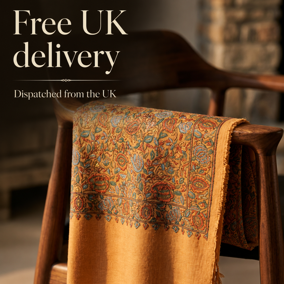A patterned mustard yellow throw blanket with fringed edges draped over a wooden chair in a warm indoor setting. Text on the left reads 'Free UK delivery' and 'Dispatched from the UK'.