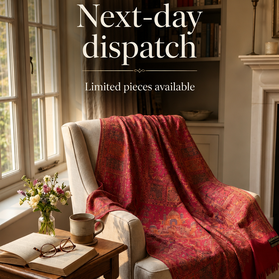 A cozy living room scene with a red patterned throw blanket draped over an armchair beside a wooden side table. Large text at the top reads 'Next-day dispatch' with smaller text below, and small delivery icons appear along the lower left.