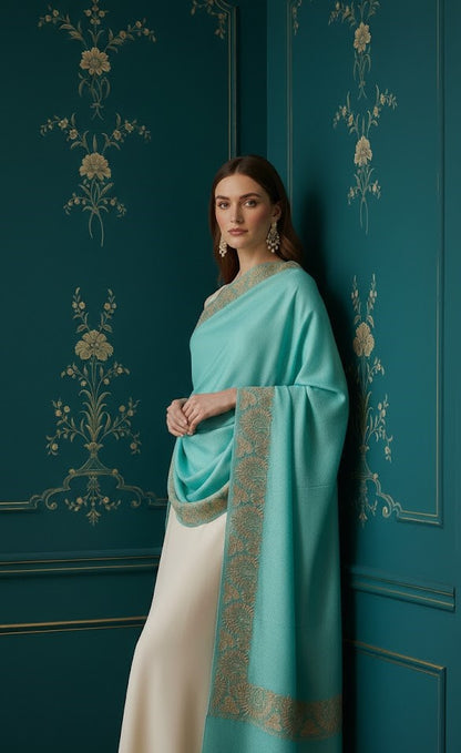 Women’s Wool Shawl - Pure Tilla Gold Embroidery Border - Blue