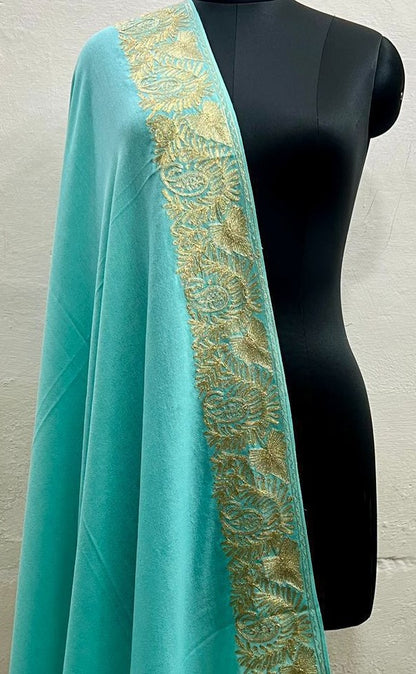 Women’s Wool Shawl - Pure Tilla Gold Embroidery Border - Blue