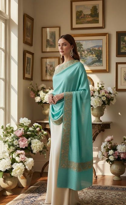 Women’s Wool Shawl - Pure Tilla Gold Embroidery Border - Blue