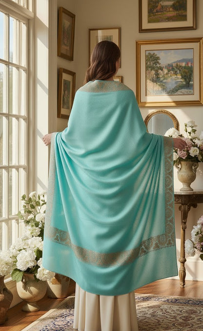 Women’s Wool Shawl - Pure Tilla Gold Embroidery Border - Blue