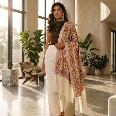 Ivory Nalki Pure Wool Jama Stole - Embroidered Wrap for Weddings & Festive Occasions
