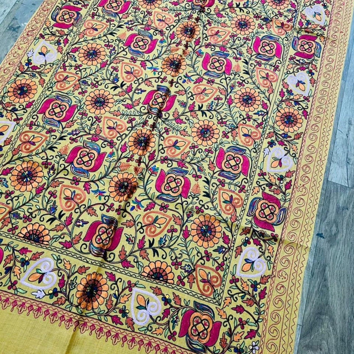 Mustard Nalki Pure Wool Jama Stole - Embroidered Wrap for Weddings & Evening Wear