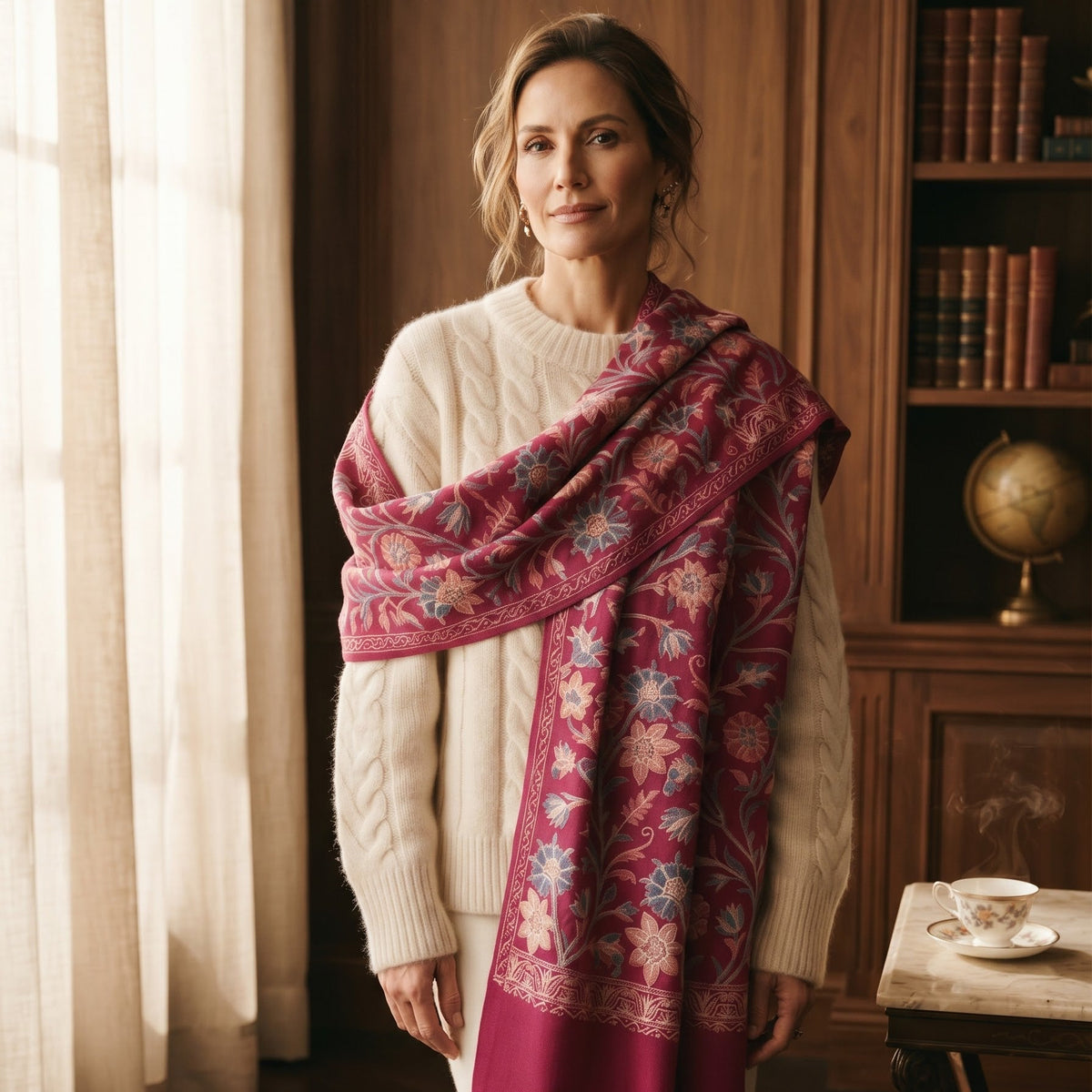 A woman stands in a warm, wood-paneled room wearing a cream cable-knit sweater and a draped magenta shawl with intricate floral and geometric patterns.