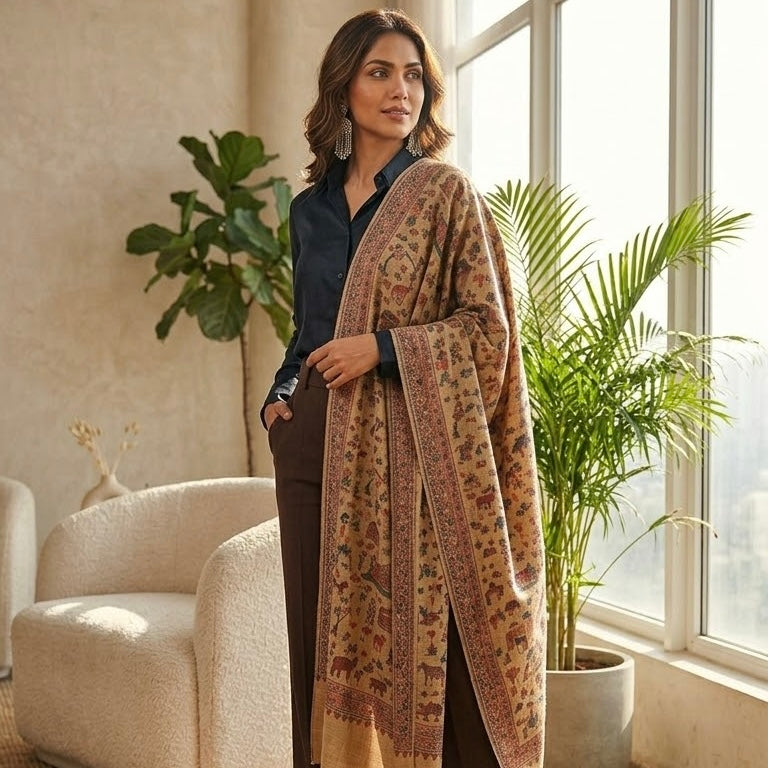 A woman stands indoors by a window wearing a long beige shawl with intricate multicolor floral and animal motifs, over a dark navy shirt and brown pants. The room has a cream armchair, potted plants, and bright natural light from the window.