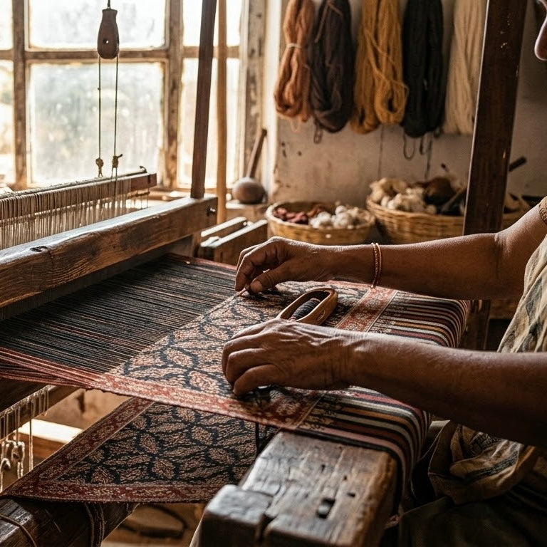 A close-up of a person's hands guiding a shuttle through a patterned textile on a traditional wooden loom in a sunlit weaving room.