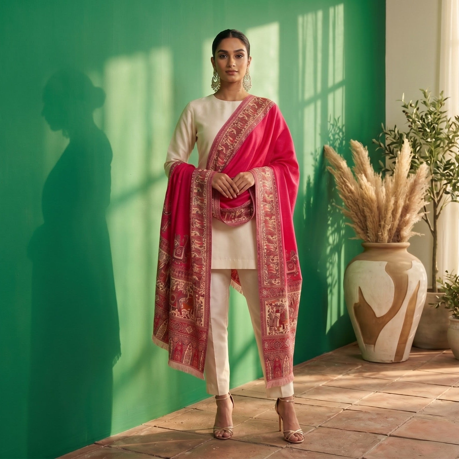 A woman models a traditional South Asian outfit consisting of a cream kurta and trousers paired with a vibrant pink kalamkari shawl featuring intricate gold and red border patterns, set against a green wall with a shadow and potted plants.