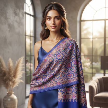 A woman models a vibrant royal blue shawl with intricate purple and gold floral patterns, draped over a matching blue satin dress in a sunlit, elegant room with arched windows.