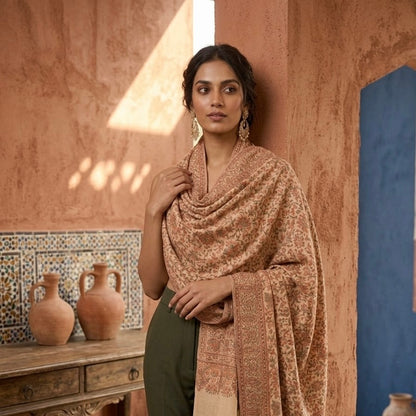 Beige Kani Wool Shawl - Scattered Floral Design for Everyday Wear