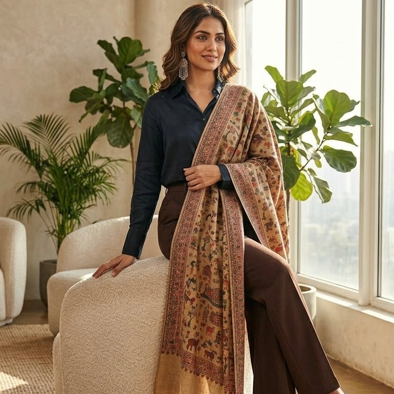 A woman models a traditional draped shawl with a detailed elephant and floral pattern in beige, brown, and red tones, styled over a dark navy shirt and brown trousers in a bright, modern living room setting.