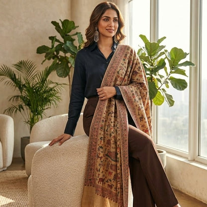 A woman models a traditional draped shawl with a detailed elephant and floral pattern in beige, brown, and red tones, styled over a dark navy shirt and brown trousers in a bright, modern living room setting.