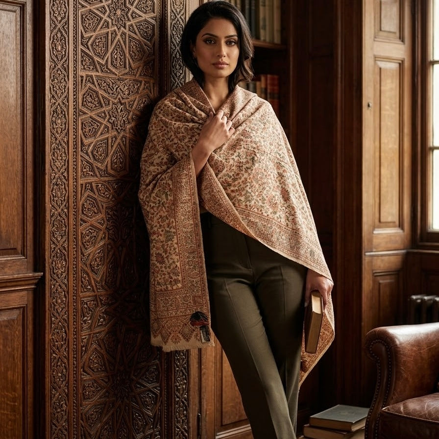 Beige Kani Wool Shawl - Scattered Floral Design for Everyday Wear