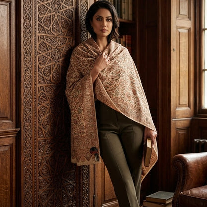 Beige Kani Wool Shawl - Scattered Floral Design for Everyday Wear
