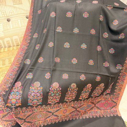 Black Kani Wool Shawl - Multifloral Border Booti Design for Everyday Wear