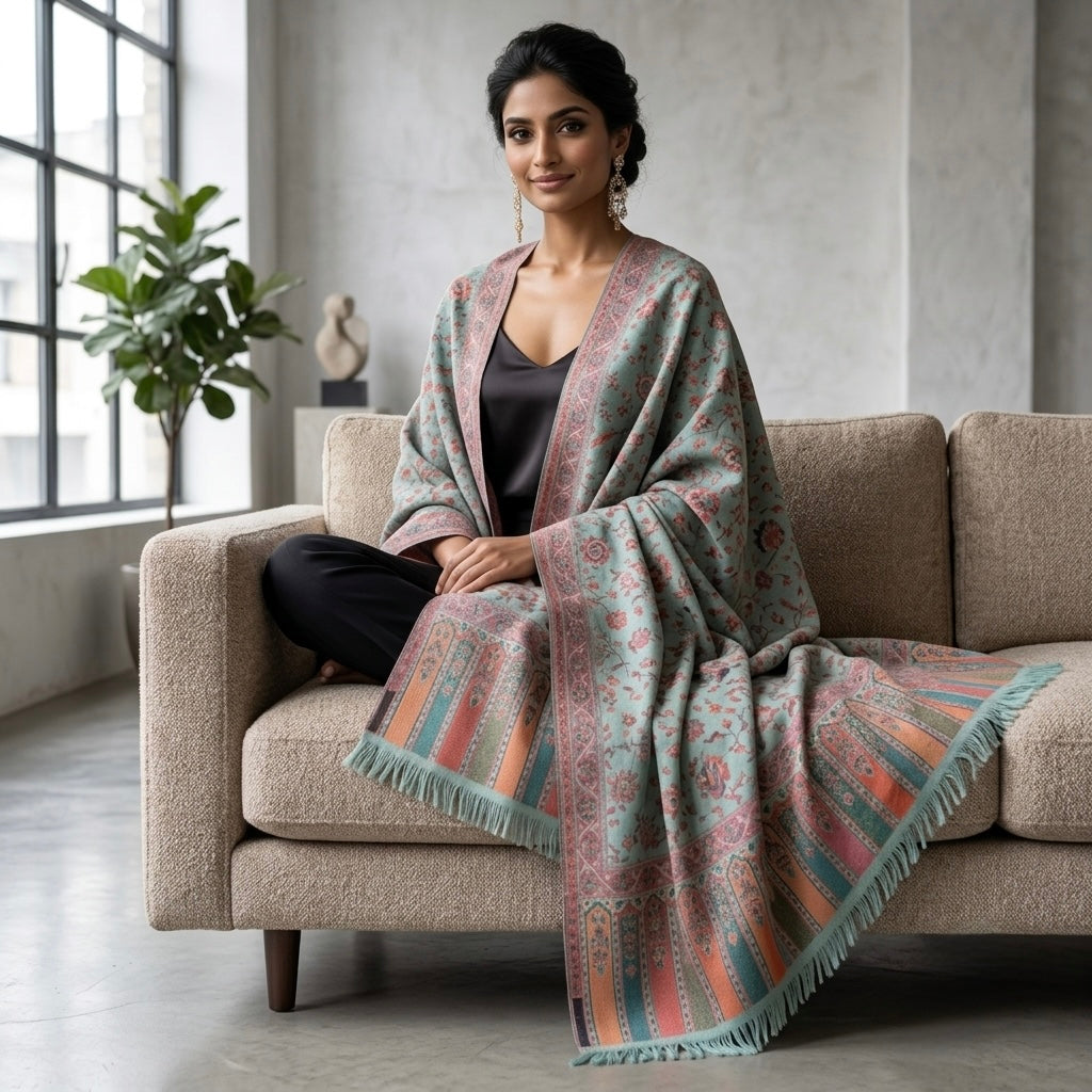 A woman sits on a beige sofa in a modern living room, draped in a large patterned shawl with fringe. The shawl features a muted teal, dusty pink, and beige paisley design with vertical striped accents.
